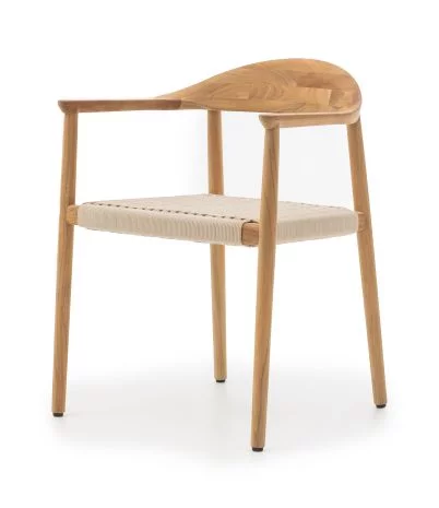 Silla con reposabrazos Pluma de teca maciza y cuerda sintética - Beige
